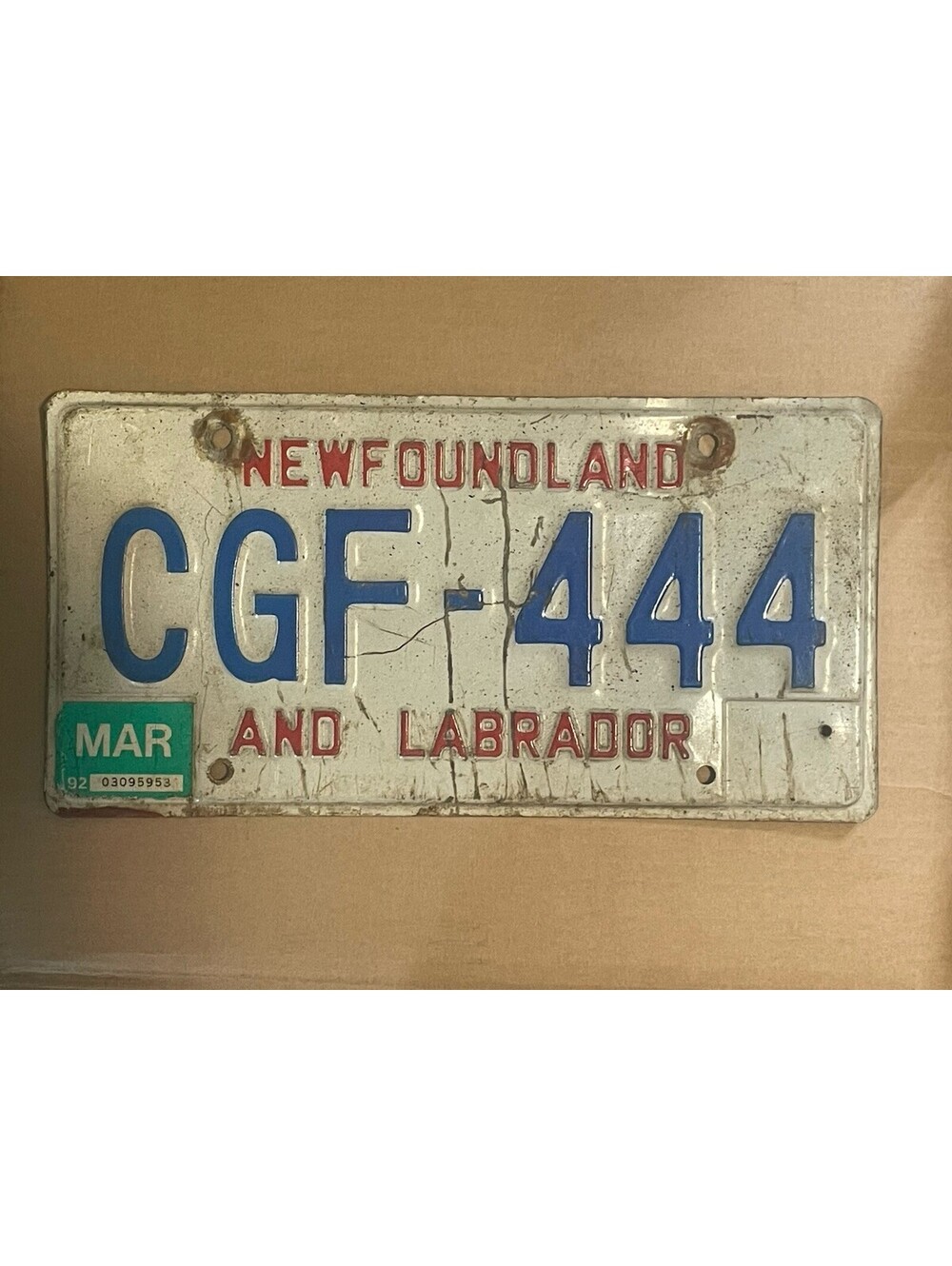 Newfoundland Labrador License Plate CGF 444 Canada Triple Number 1982 1992